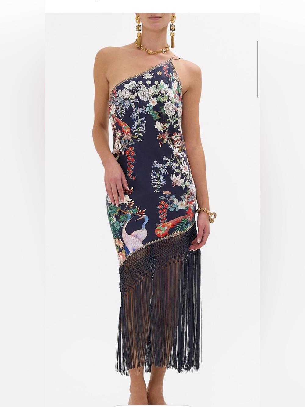 Floral One-Shoulder Navy Fringe Maxi Skirt